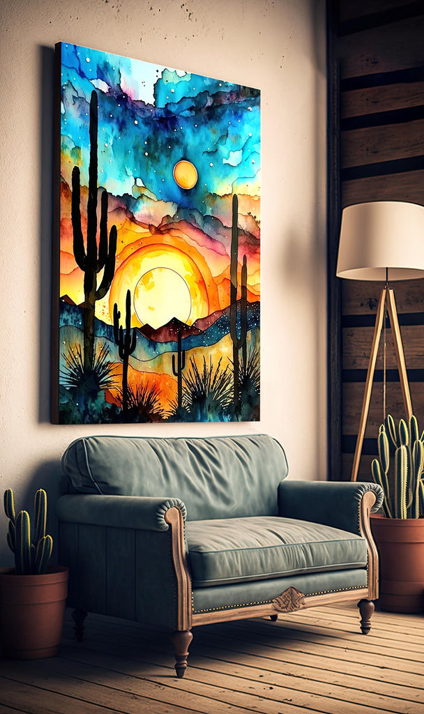 Desert Cactus Sunset Watercolor Print, Southwest Landscape Poster, Saguaro Cactus Canvas Art, Boho Western Wall Art Home Decor