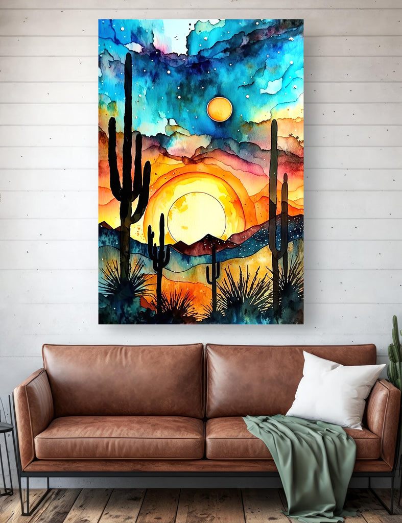 Desert Cactus Sunset Watercolor Print, Southwest Landscape Poster, Saguaro Cactus Canvas Art, Boho Western Wall Art Home Decor