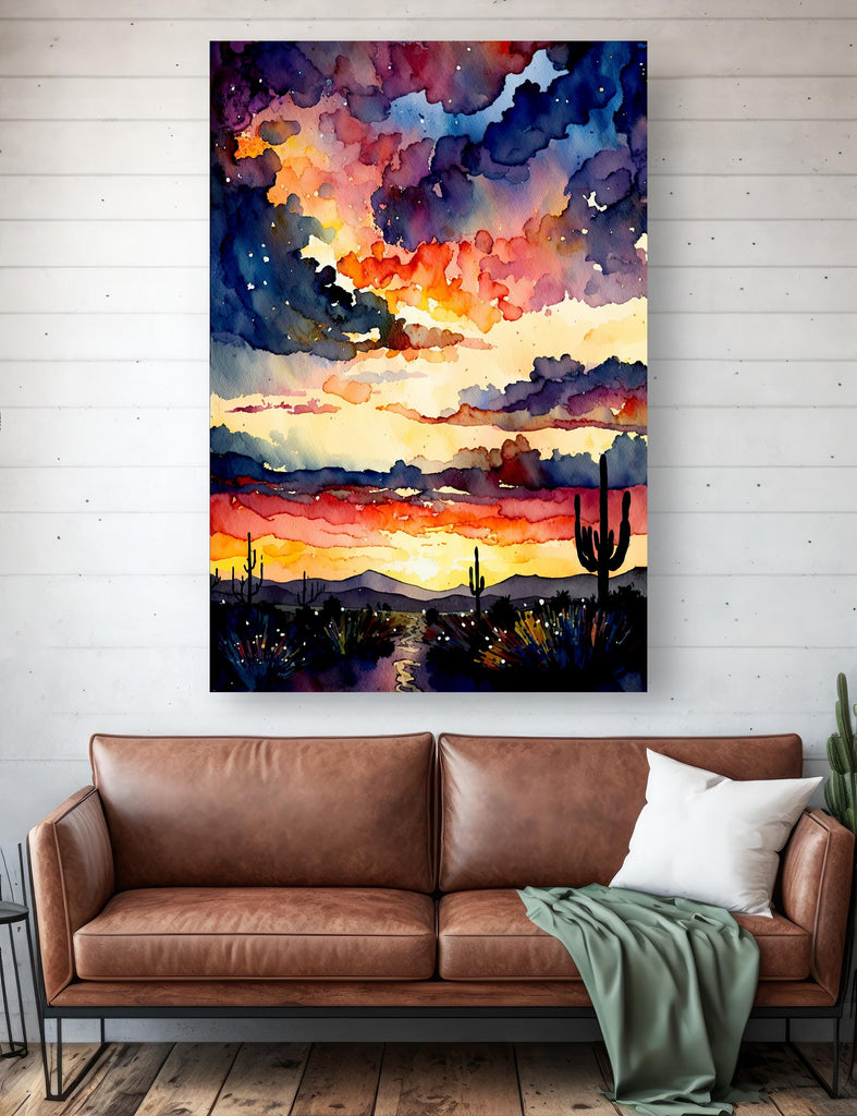 Desert Cactus Sunset Watercolor Print, Southwest Landscape Poster, Saguaro Cactus Canvas Art, Boho Western Wall Art Home Decor