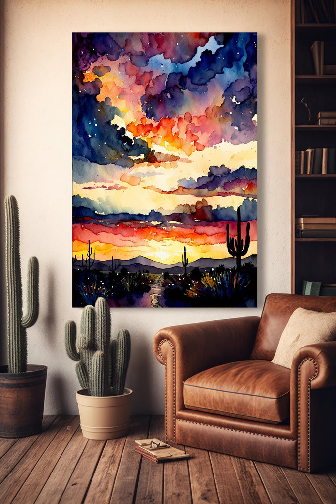 Desert Cactus Sunset Watercolor Print, Southwest Landscape Poster, Saguaro Cactus Canvas Art, Boho Western Wall Art Home Decor