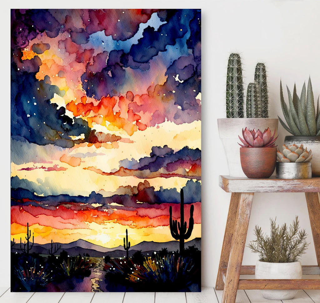 Desert Cactus Sunset Watercolor Print, Southwest Landscape Poster, Saguaro Cactus Canvas Art, Boho Western Wall Art Home Decor