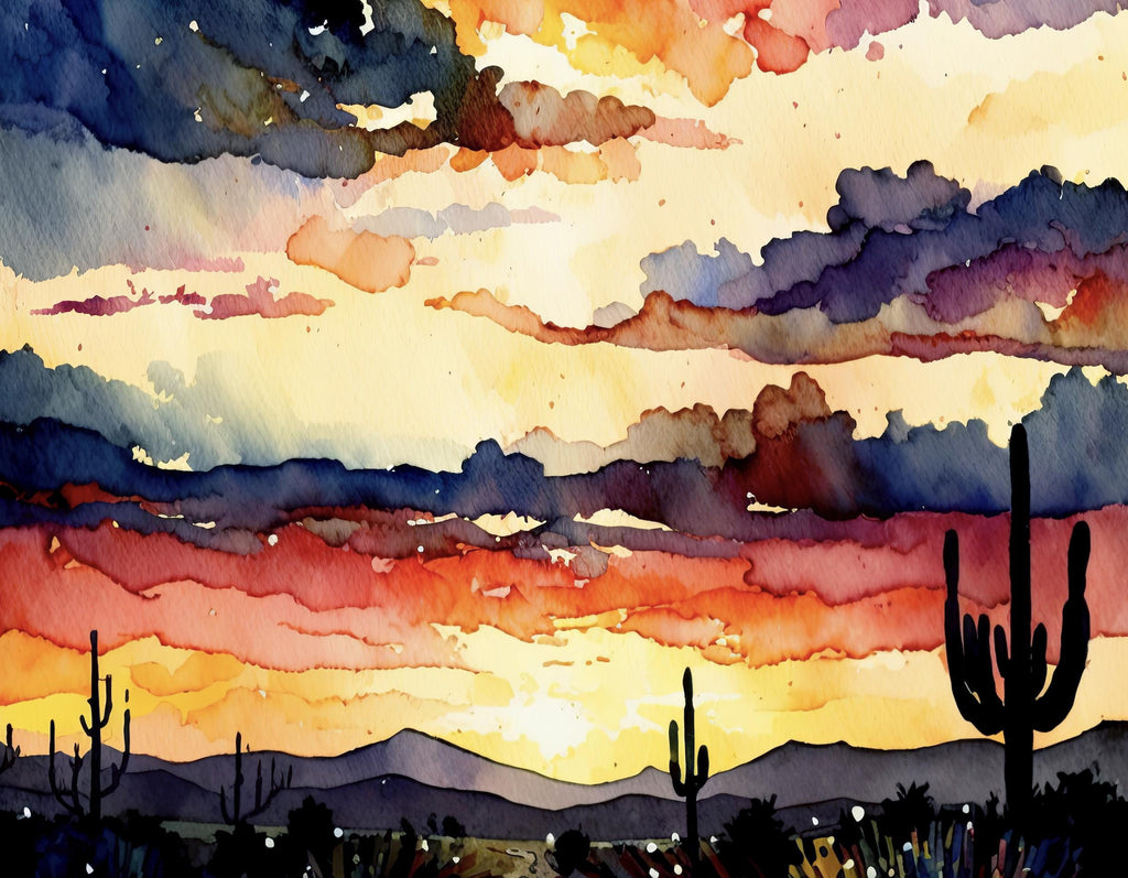 Desert Cactus Sunset Watercolor Print, Southwest Landscape Poster, Saguaro Cactus Canvas Art, Boho Western Wall Art Home Decor