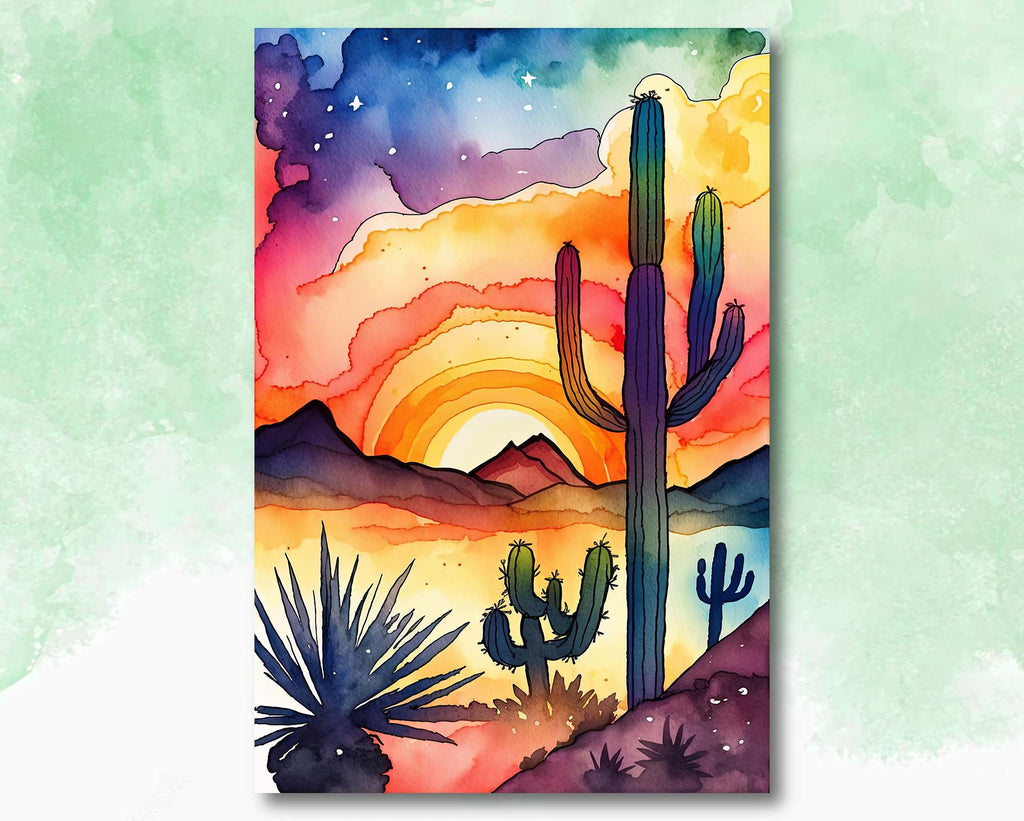 Desert Cactus Sunset Watercolor Print, Southwest Landscape Poster, Saguaro Cactus Canvas Art, Boho Western Wall Art Home Decor