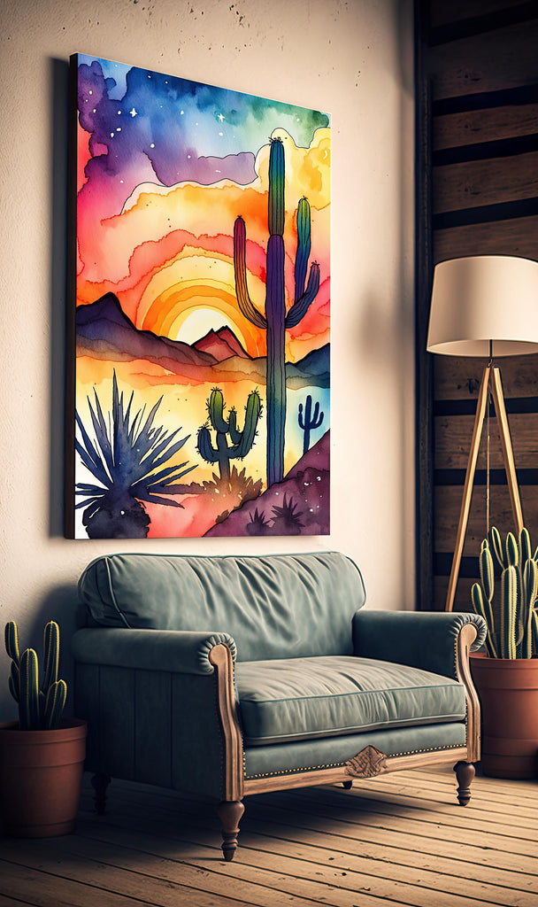 Desert Cactus Sunset Watercolor Print, Southwest Landscape Poster, Saguaro Cactus Canvas Art, Boho Western Wall Art Home Decor