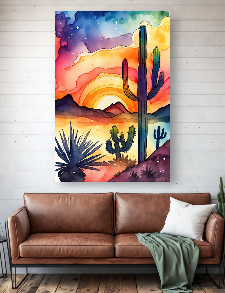 Desert Cactus Sunset Watercolor Print, Southwest Landscape Poster, Saguaro Cactus Canvas Art, Boho Western Wall Art Home Decor