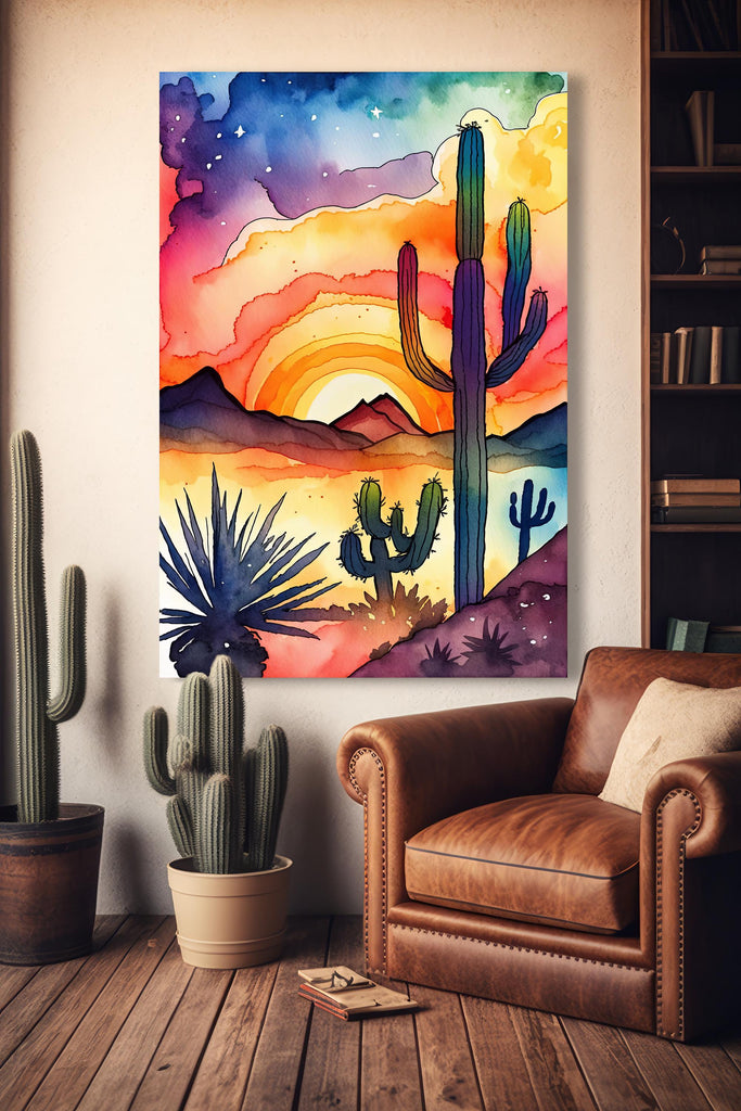 Desert Cactus Sunset Watercolor Print, Southwest Landscape Poster, Saguaro Cactus Canvas Art, Boho Western Wall Art Home Decor