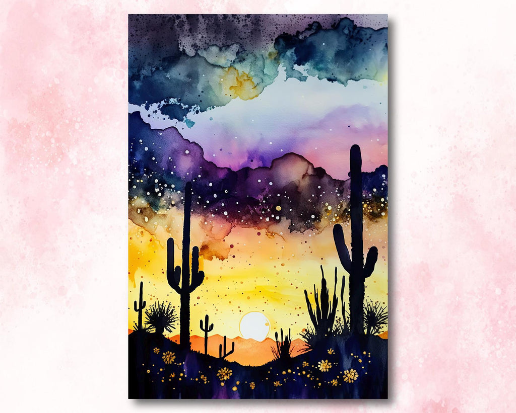 Desert Cactus Sunset Watercolor Print, Southwest Landscape Poster, Saguaro Cactus Canvas Art, Boho Western Wall Art Home Decor