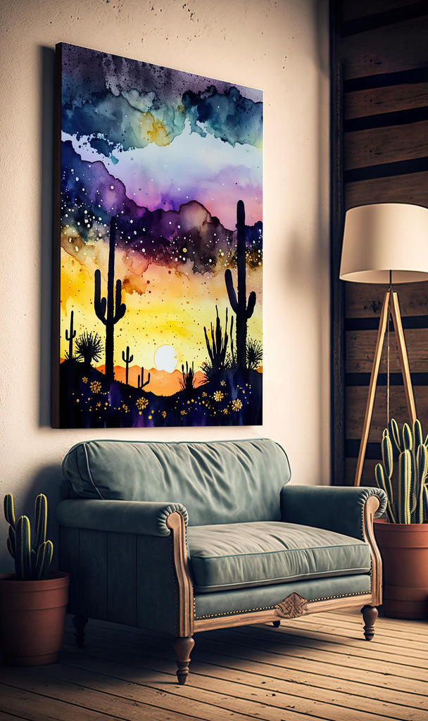 Desert Cactus Sunset Watercolor Print, Southwest Landscape Poster, Saguaro Cactus Canvas Art, Boho Western Wall Art Home Decor