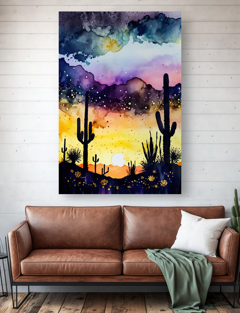 Desert Cactus Sunset Watercolor Print, Southwest Landscape Poster, Saguaro Cactus Canvas Art, Boho Western Wall Art Home Decor