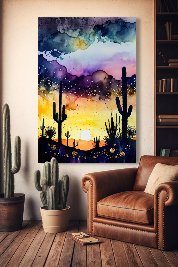 Desert Cactus Sunset Watercolor Print, Southwest Landscape Poster, Saguaro Cactus Canvas Art, Boho Western Wall Art Home Decor