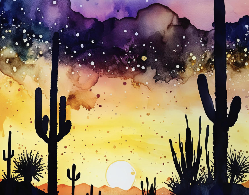 Desert Cactus Sunset Watercolor Print, Southwest Landscape Poster, Saguaro Cactus Canvas Art, Boho Western Wall Art Home Decor