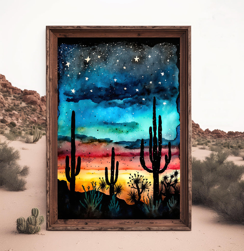 Desert Cactus Sunset Watercolor Print, Southwest Landscape Poster, Saguaro Cactus Canvas Art, Boho Western Wall Art Home Decor