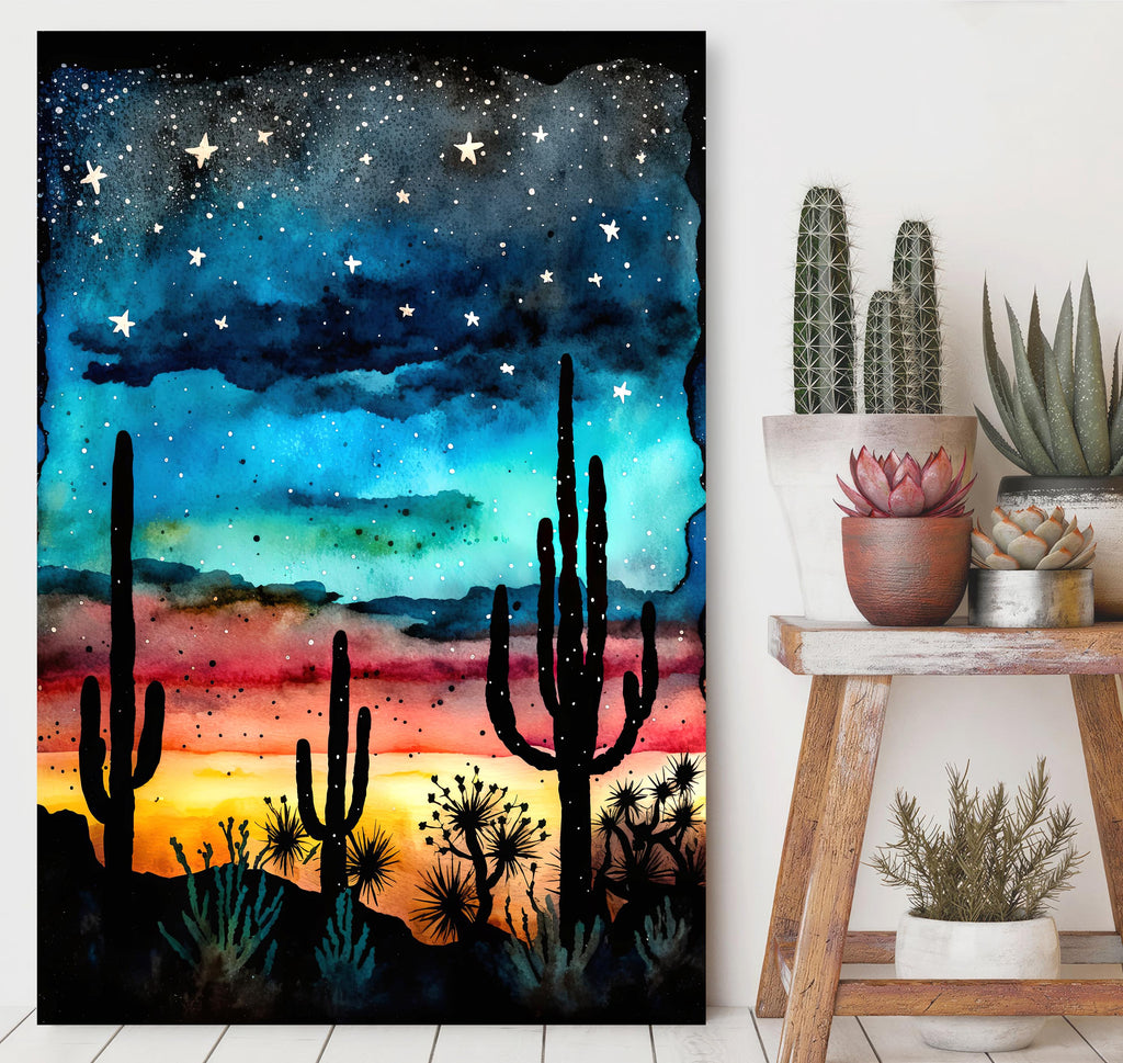 Desert Cactus Sunset Watercolor Print, Southwest Landscape Poster, Saguaro Cactus Canvas Art, Boho Western Wall Art Home Decor