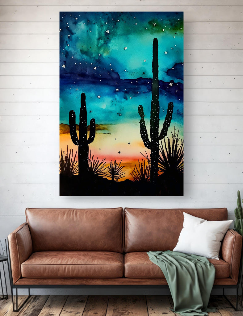 Desert Cactus Sunset Watercolor Print, Southwest Landscape Poster, Saguaro Cactus Canvas Art, Boho Western Wall Art Home Decor