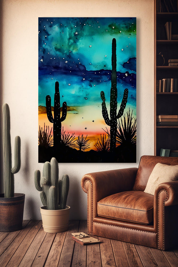 Desert Cactus Sunset Watercolor Print, Southwest Landscape Poster, Saguaro Cactus Canvas Art, Boho Western Wall Art Home Decor