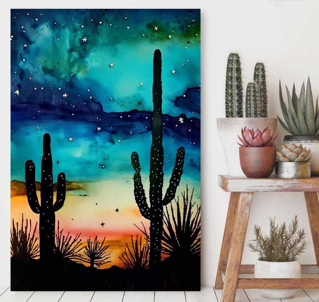 Desert Cactus Sunset Watercolor Print, Southwest Landscape Poster, Saguaro Cactus Canvas Art, Boho Western Wall Art Home Decor