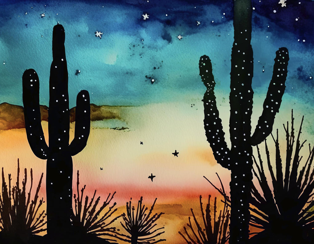 Desert Cactus Sunset Watercolor Print, Southwest Landscape Poster, Saguaro Cactus Canvas Art, Boho Western Wall Art Home Decor