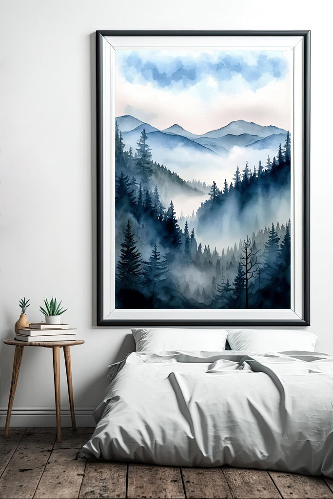 Forest Mountain Watercolor Print, Foggy Landscape Wall Art, Nature Inspired Canvas Art, Dark Evergreen Tree Poster, Woodland Home Decor