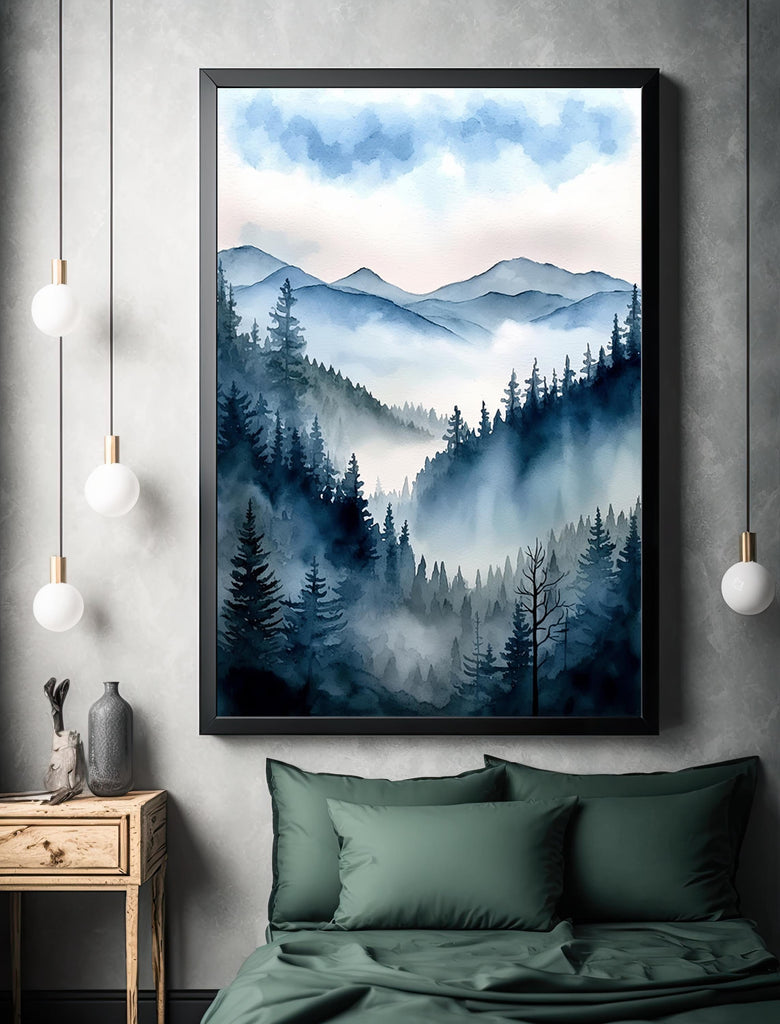 Forest Mountain Watercolor Print, Foggy Landscape Wall Art, Nature Inspired Canvas Art, Dark Evergreen Tree Poster, Woodland Home Decor