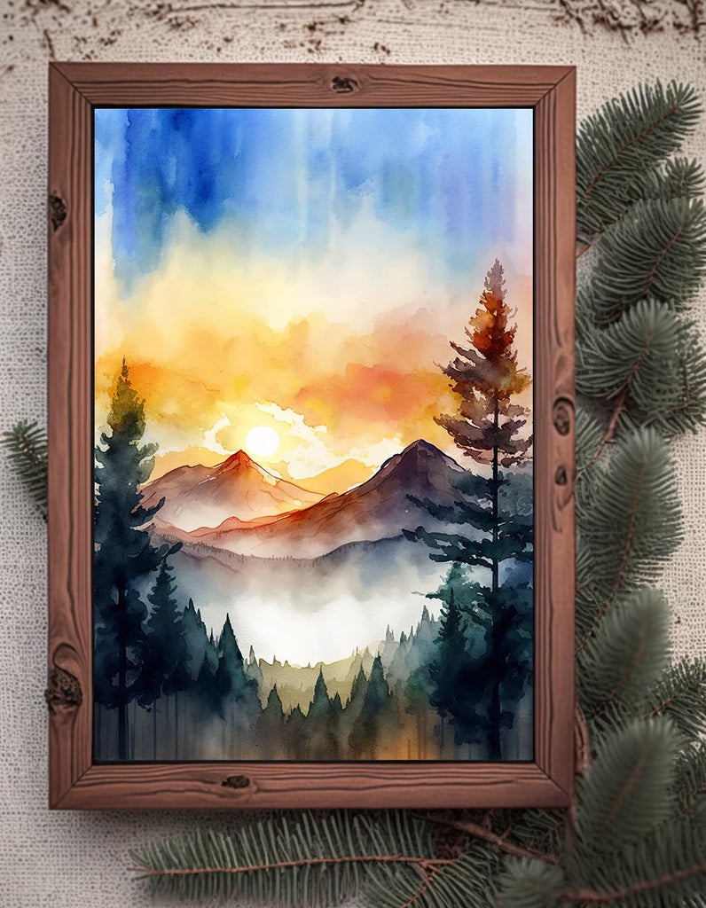 Mountain Forest Sunset Watercolor Print, Misty Landscape Wall Art, Nature Inspired Canvas, Vibrant Scenic Poster, Serene Home Decor