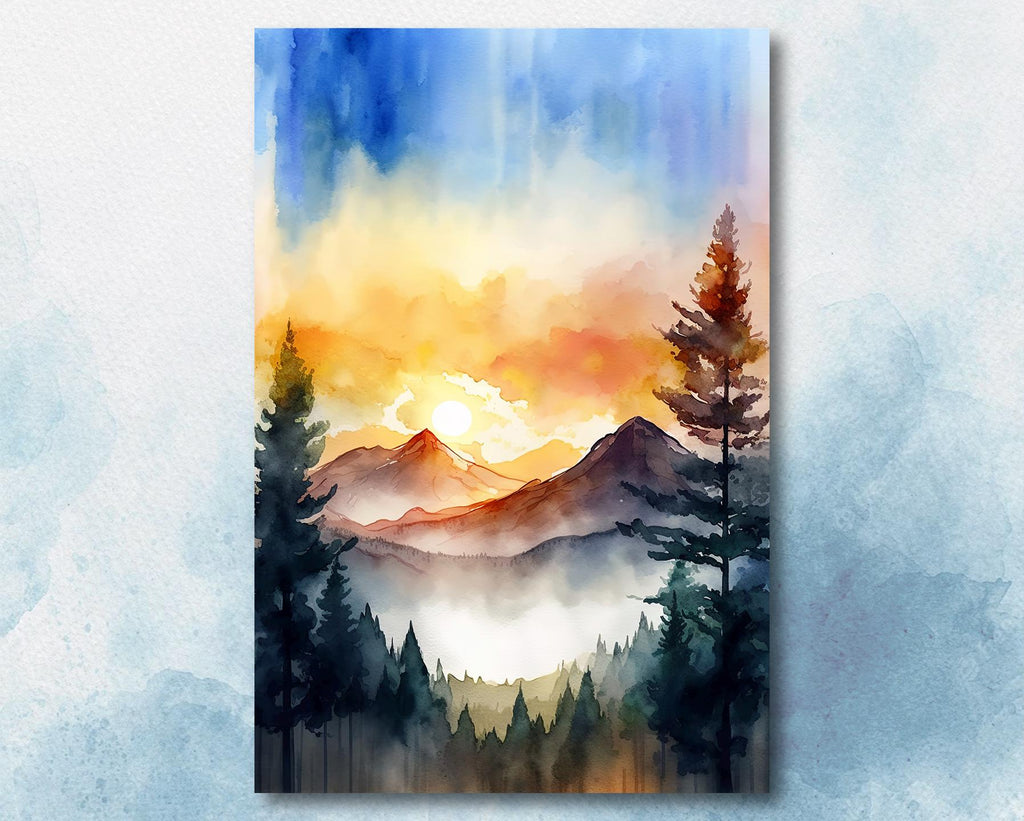 Mountain Forest Sunset Watercolor Print, Misty Landscape Wall Art, Nature Inspired Canvas, Vibrant Scenic Poster, Serene Home Decor