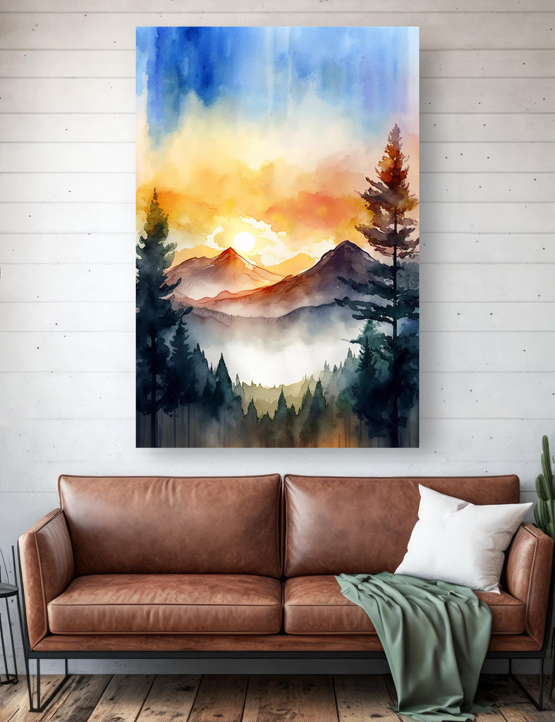 Mountain Forest Sunset Watercolor Print, Misty Landscape Wall Art, Nature Inspired Canvas, Vibrant Scenic Poster, Serene Home Decor