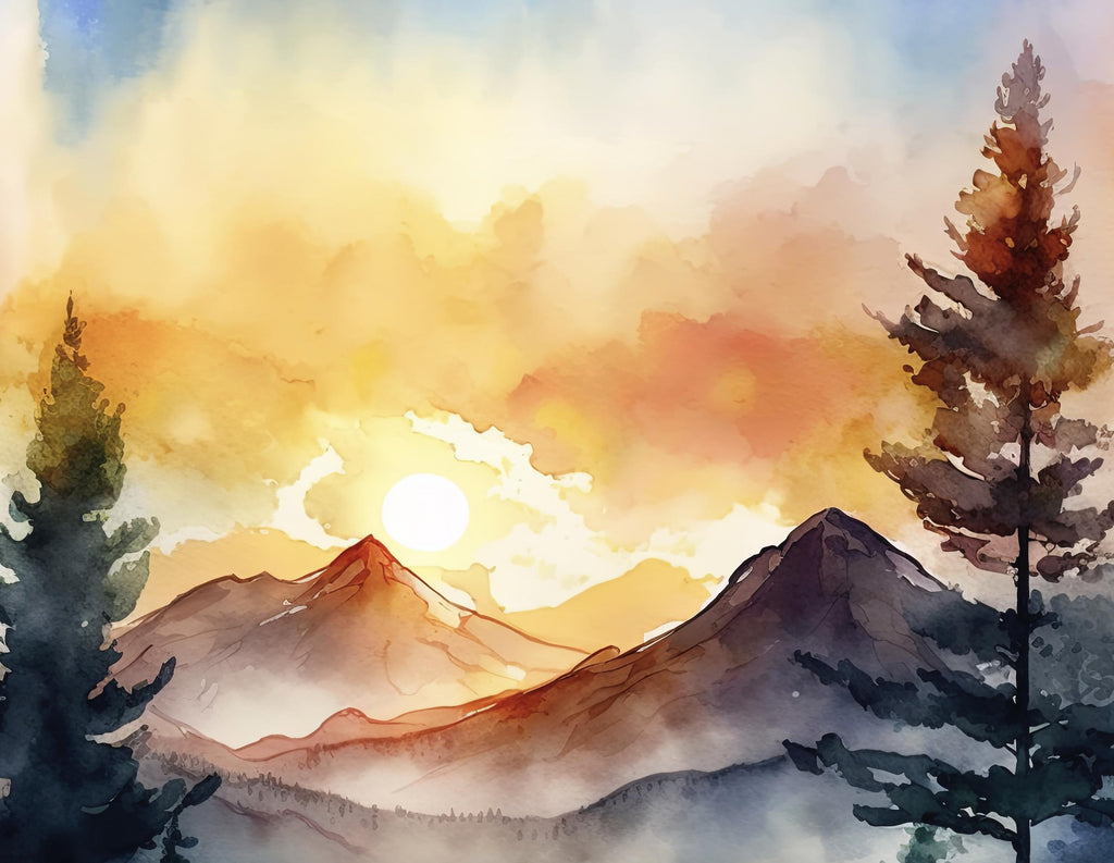 Mountain Forest Sunset Watercolor Print, Misty Landscape Wall Art, Nature Inspired Canvas, Vibrant Scenic Poster, Serene Home Decor