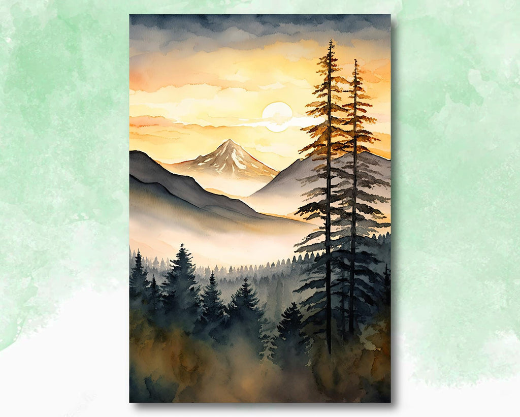 Mountain Forest Sunset Watercolor Print, Misty Landscape Wall Art, Nature Inspired Canvas, Vibrant Scenic Poster, Serene Home Decor