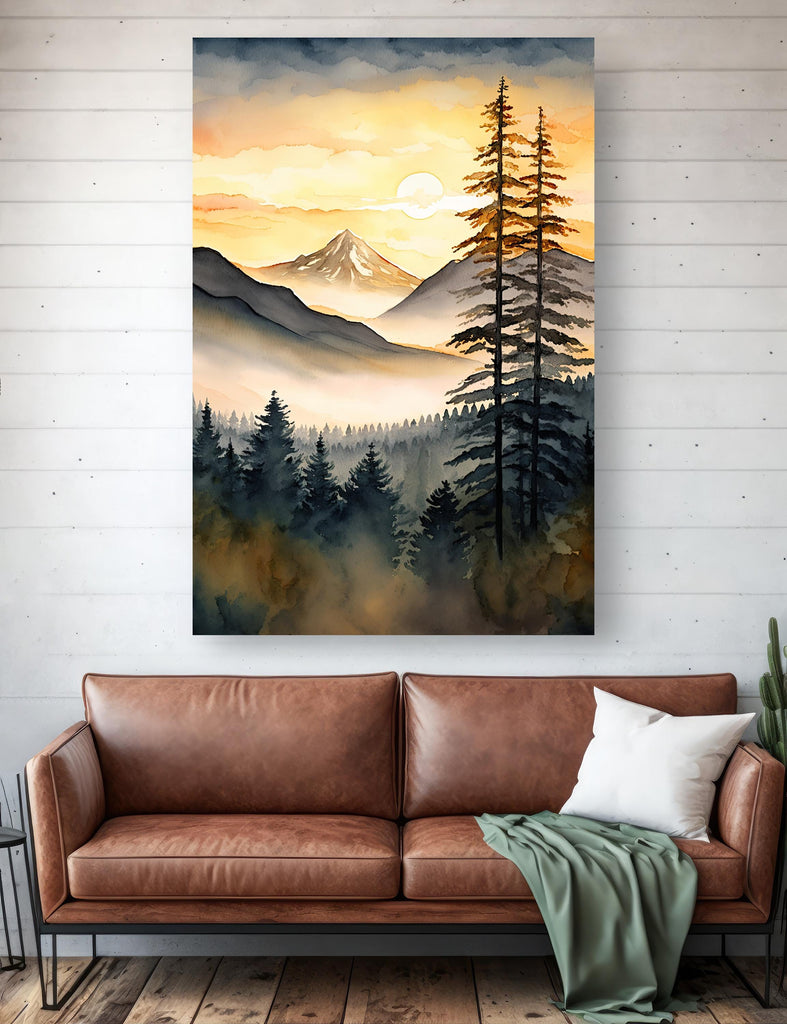 Mountain Forest Sunset Watercolor Print, Misty Landscape Wall Art, Nature Inspired Canvas, Vibrant Scenic Poster, Serene Home Decor