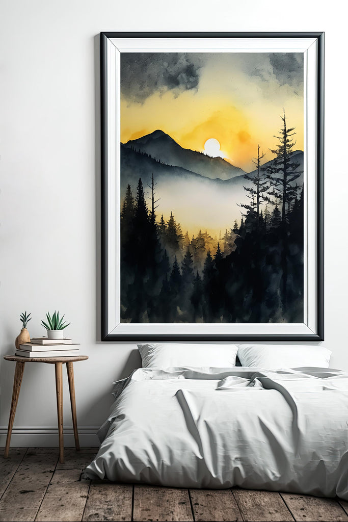 Mountain Forest Sunset Watercolor Print, Misty Landscape Wall Art, Nature Inspired Canvas, Vibrant Scenic Poster, Serene Home Decor