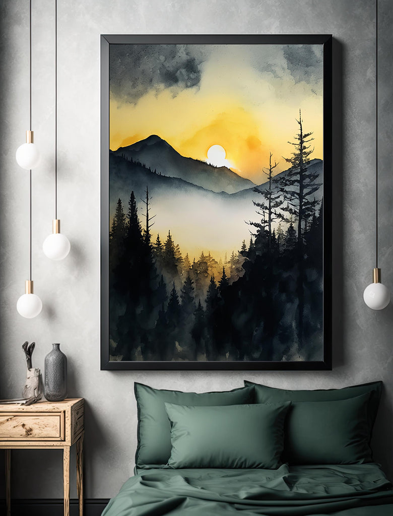 Mountain Forest Sunset Watercolor Print, Misty Landscape Wall Art, Nature Inspired Canvas, Vibrant Scenic Poster, Serene Home Decor