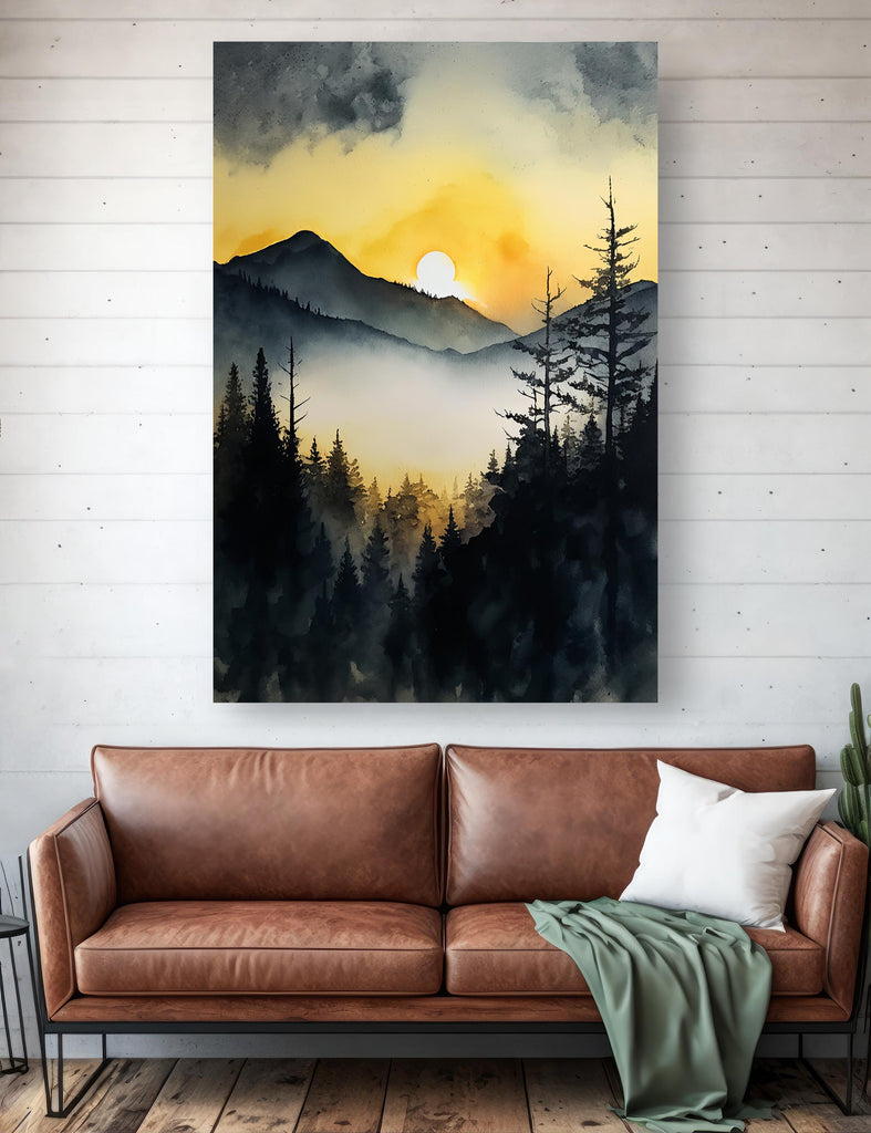 Mountain Forest Sunset Watercolor Print, Misty Landscape Wall Art, Nature Inspired Canvas, Vibrant Scenic Poster, Serene Home Decor