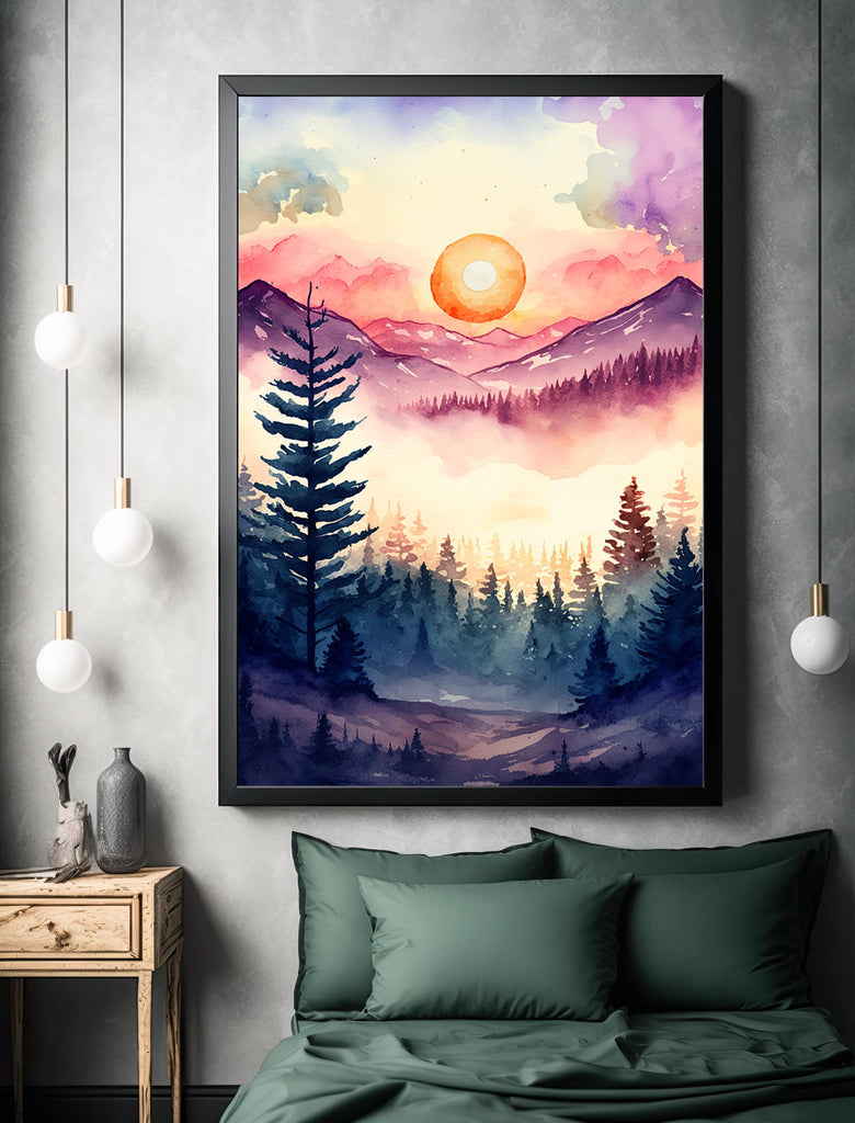 Mountain Forest Sunset Watercolor Print, Misty Landscape Wall Art, Nature Inspired Canvas, Vibrant Scenic Poster, Serene Home Decor