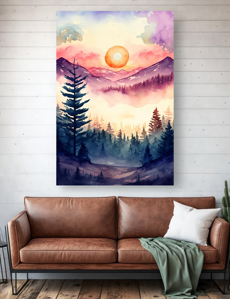 Mountain Forest Sunset Watercolor Print, Misty Landscape Wall Art, Nature Inspired Canvas, Vibrant Scenic Poster, Serene Home Decor