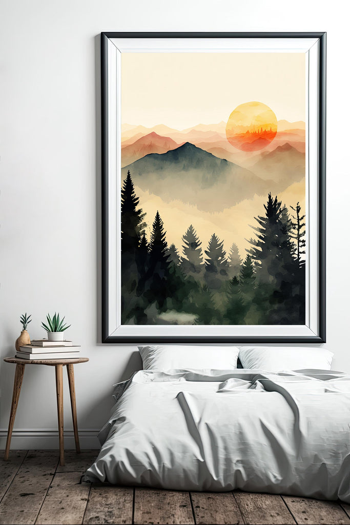 Mountain Forest Sunset Watercolor Print, Misty Landscape Wall Art, Nature Inspired Canvas, Vibrant Scenic Poster, Serene Home Decor