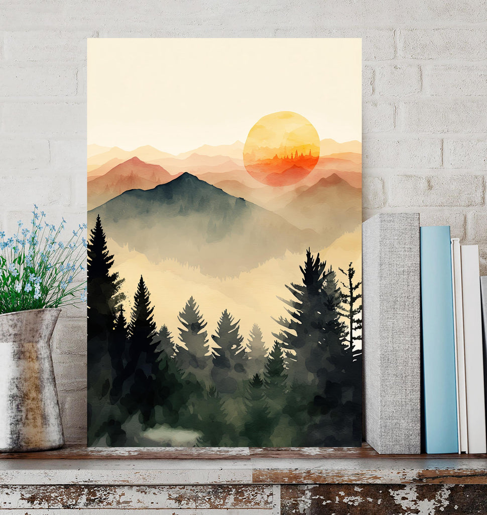 Mountain Forest Sunset Watercolor Print, Misty Landscape Wall Art, Nature Inspired Canvas, Vibrant Scenic Poster, Serene Home Decor