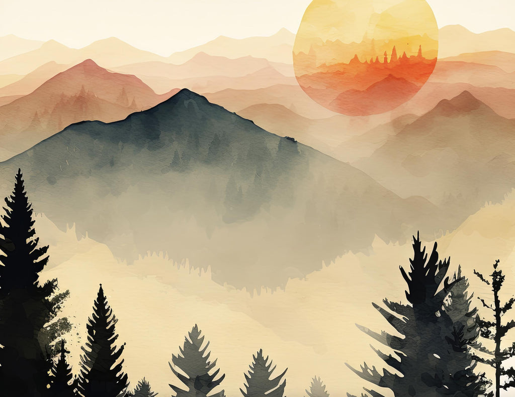 Mountain Forest Sunset Watercolor Print, Misty Landscape Wall Art, Nature Inspired Canvas, Vibrant Scenic Poster, Serene Home Decor