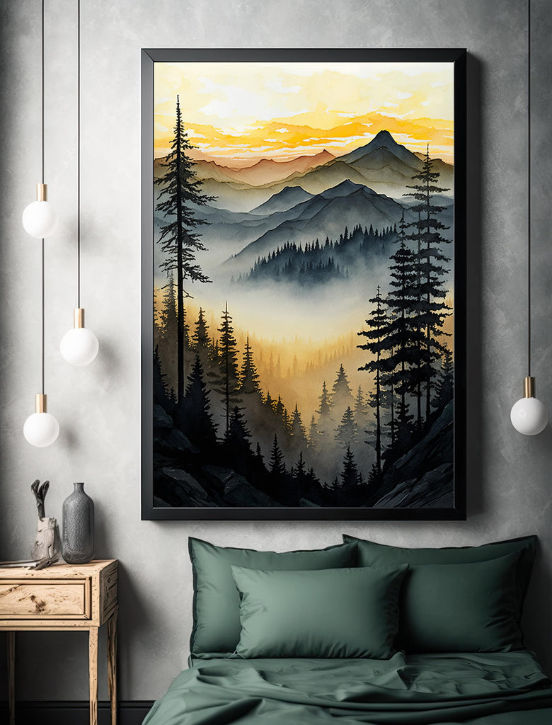 Mountain Forest Sunset Watercolor Print, Misty Landscape Wall Art, Nature Inspired Canvas, Vibrant Scenic Poster, Serene Home Decor