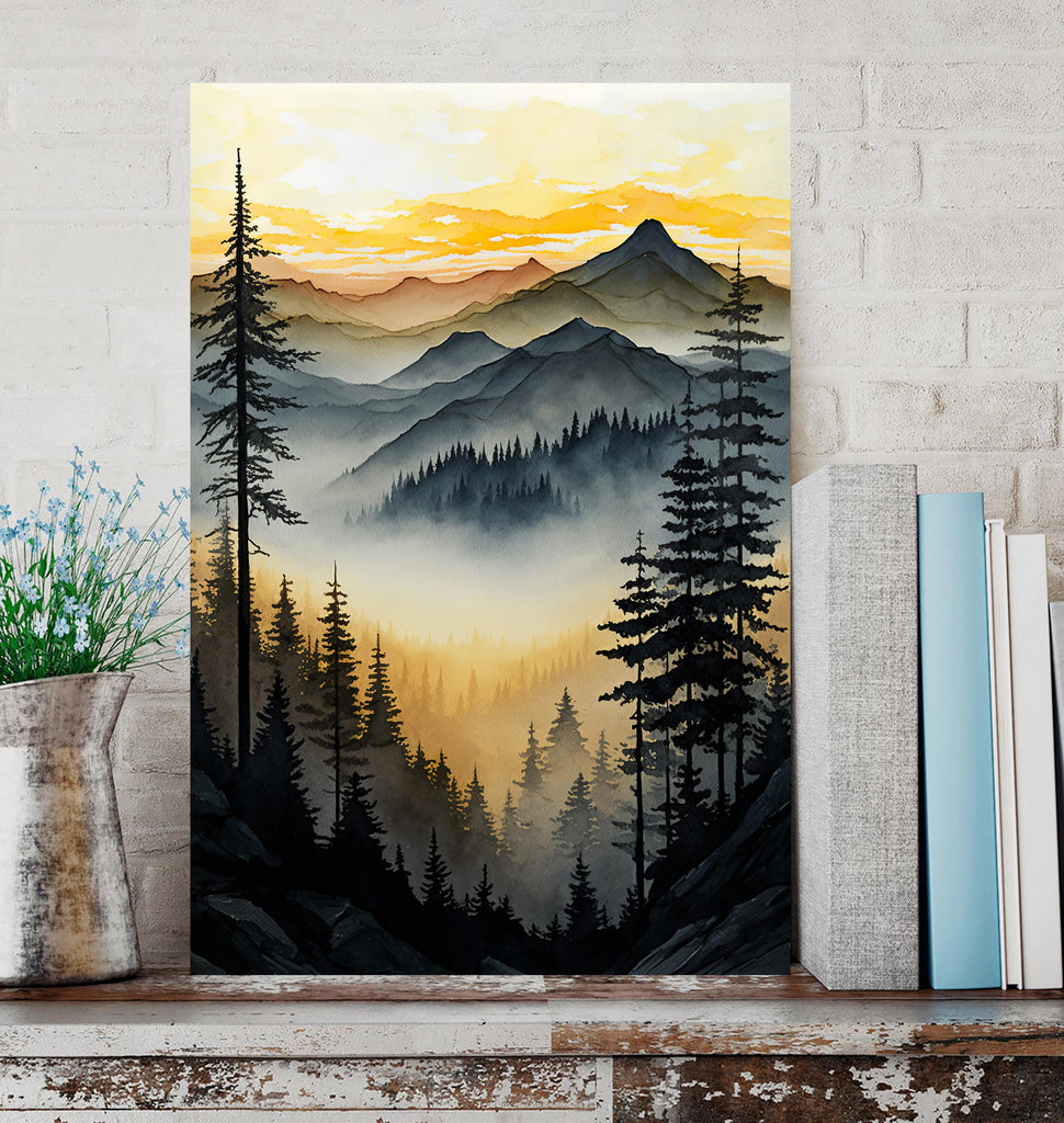 Mountain Forest Sunset Watercolor Print, Misty Landscape Wall Art, Nature Inspired Canvas, Vibrant Scenic Poster, Serene Home Decor