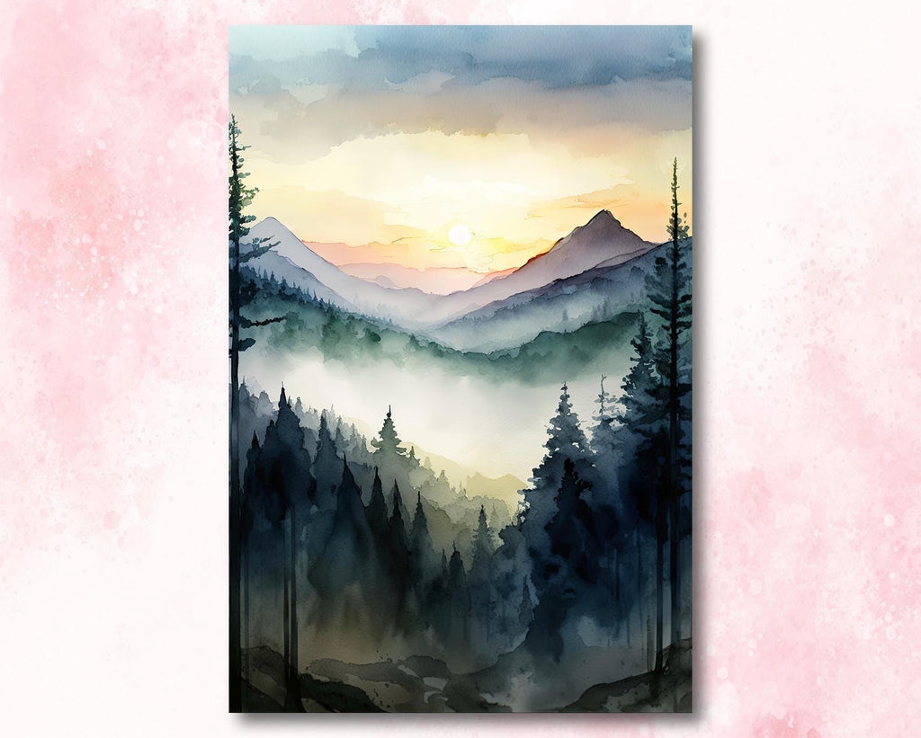 Mountain Forest Sunset Watercolor Print, Misty Landscape Wall Art, Nature Inspired Canvas, Vibrant Scenic Poster, Serene Home Decor