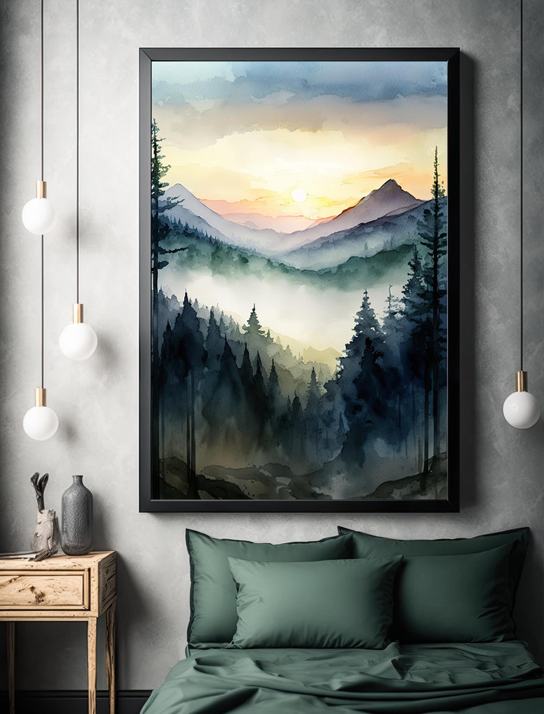 Mountain Forest Sunset Watercolor Print, Misty Landscape Wall Art, Nature Inspired Canvas, Vibrant Scenic Poster, Serene Home Decor