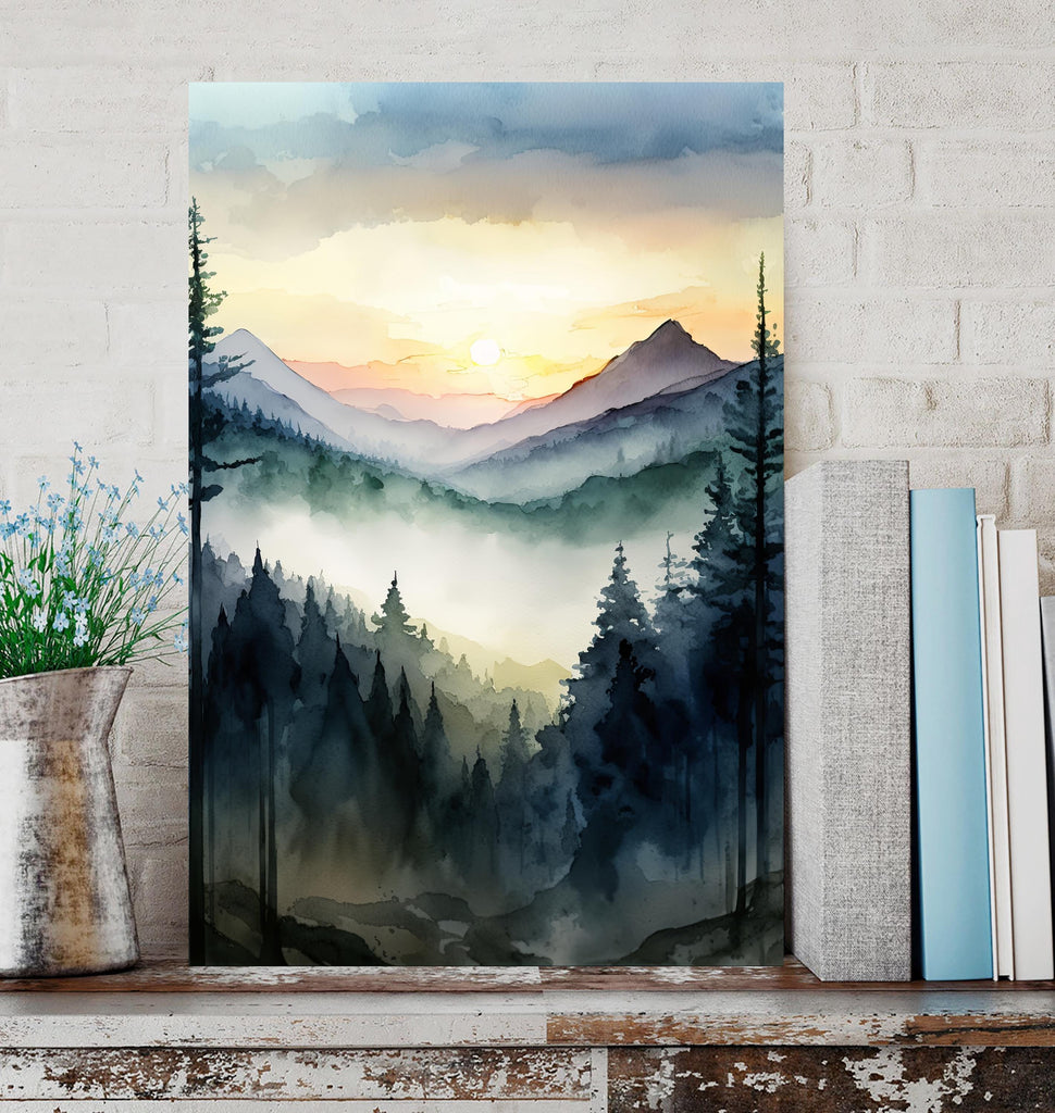 Mountain Forest Sunset Watercolor Print, Misty Landscape Wall Art, Nature Inspired Canvas, Vibrant Scenic Poster, Serene Home Decor