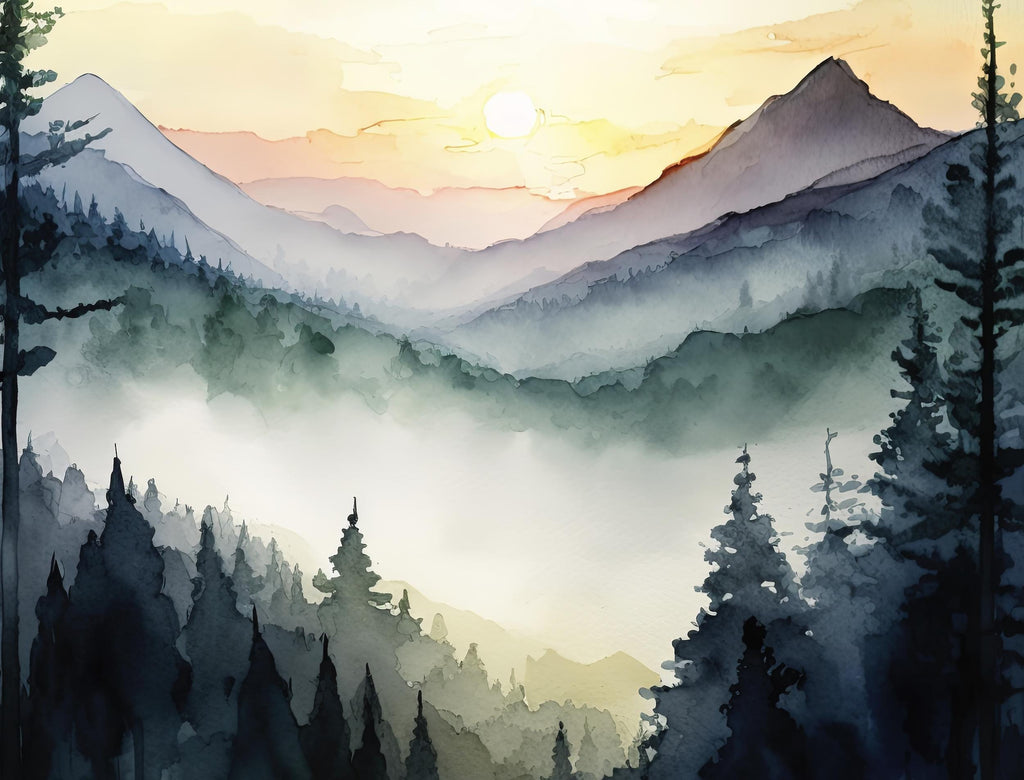 Mountain Forest Sunset Watercolor Print, Misty Landscape Wall Art, Nature Inspired Canvas, Vibrant Scenic Poster, Serene Home Decor