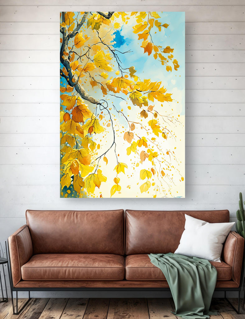 Autumn Leaves Watercolor Print, Fall Foliage Wall Art, Nature Inspired Landscape Poster, Golden Yellow Canvas Art, Botanical Home Decor