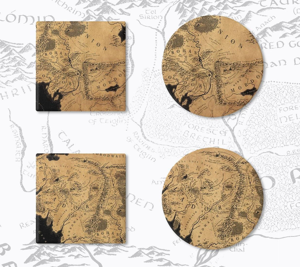 Tolkien Fantasy Map Coaster Set, Nerdy Drink Ceramic Coasters, Literature Bookworm Gift, Mythical Adventure Home Decor