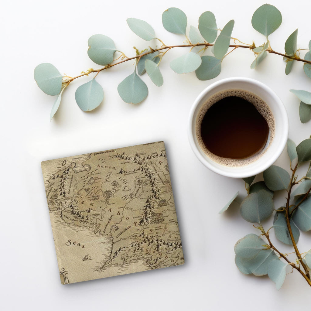 Tolkien Fantasy Map Coaster Set, Nerdy Drink Ceramic Coasters, Literature Bookworm Gift, Mythical Adventure Home Decor