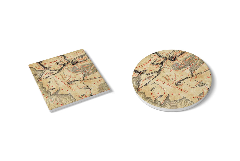 Beleriand Silmarillion Map Coaster Set, Tolkien Fantasy Drink Ceramic Coasters, Nerdy Bookworm Gift, Mythical Adventure Home Decor