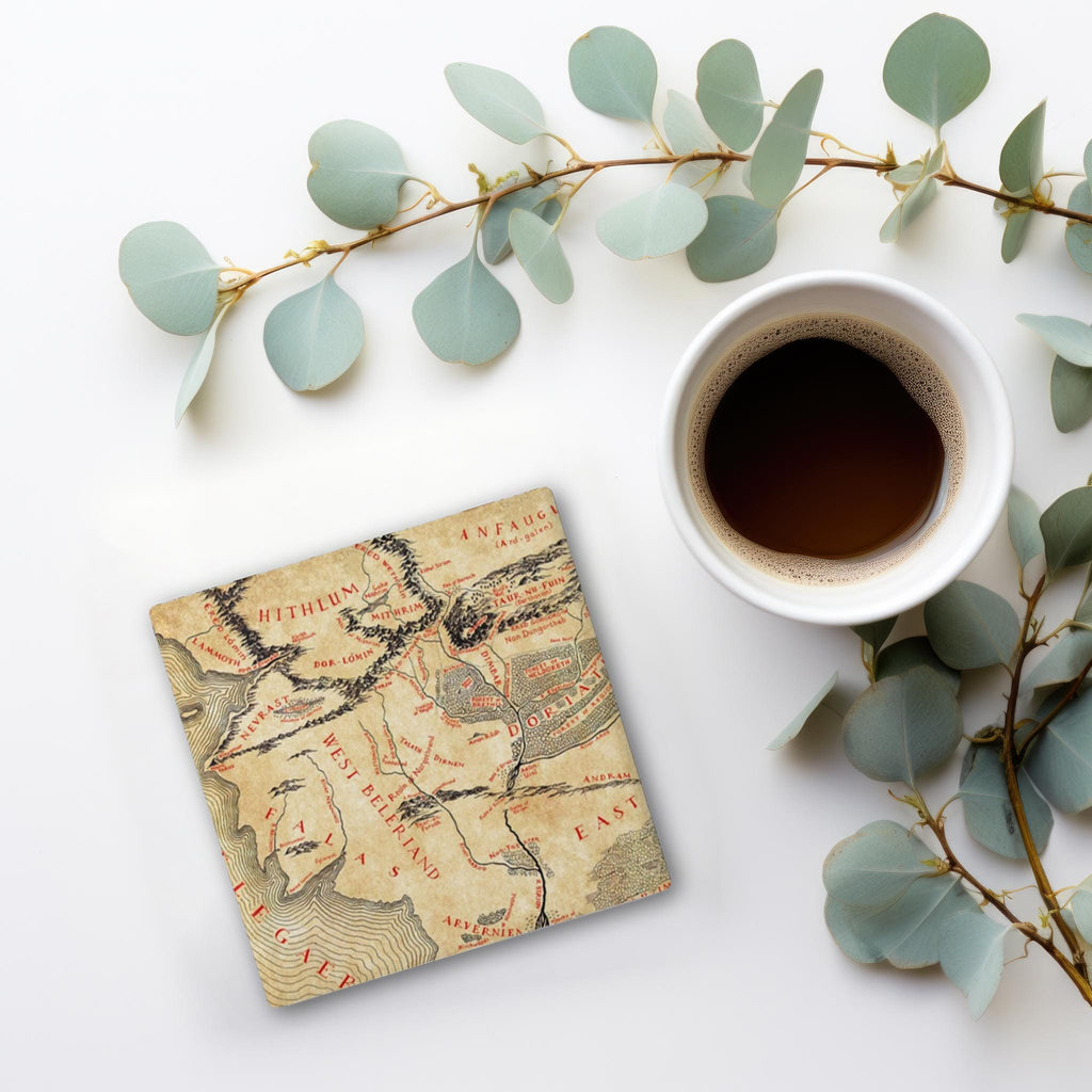 Beleriand Silmarillion Map Coaster Set, Tolkien Fantasy Drink Ceramic Coasters, Nerdy Bookworm Gift, Mythical Adventure Home Decor