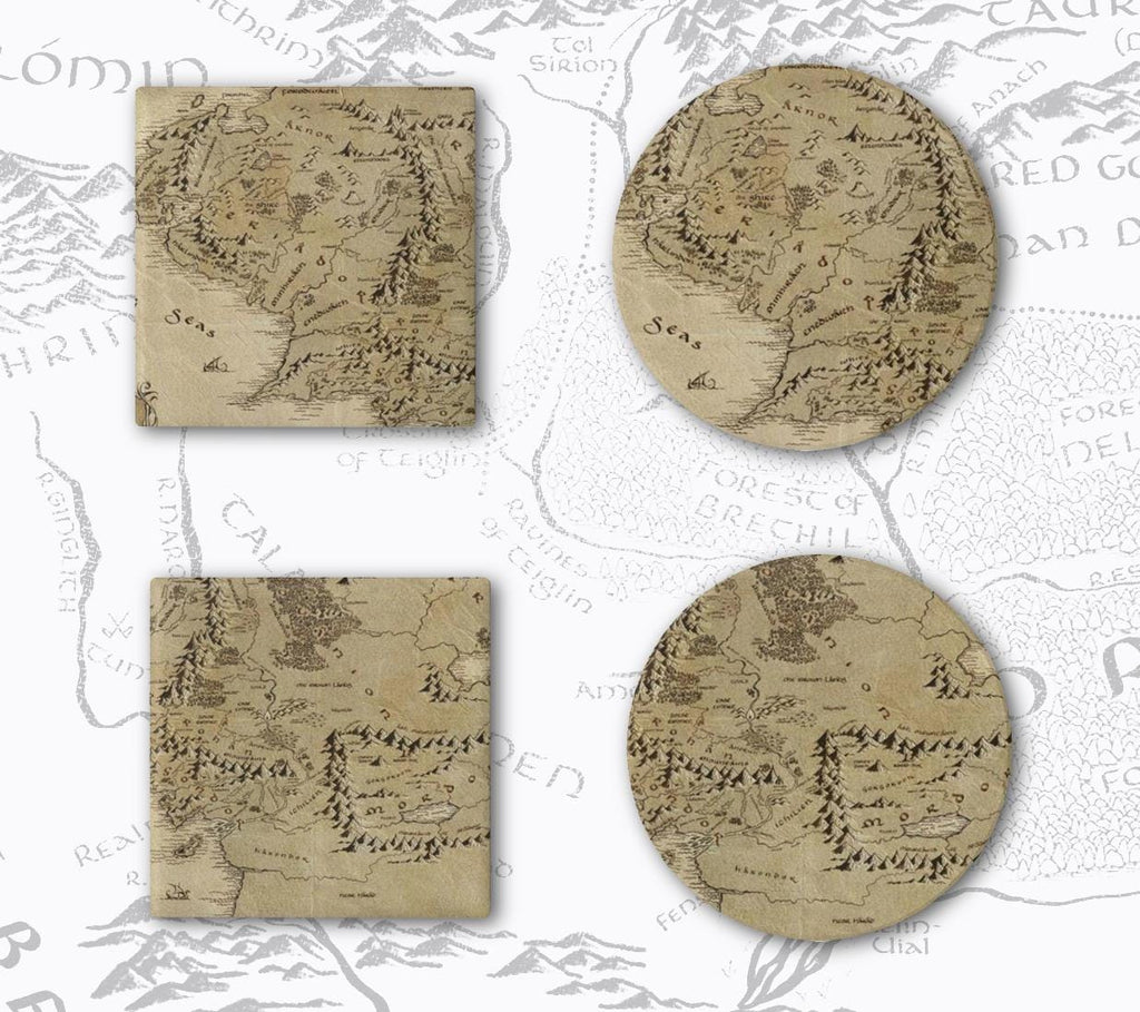 Tolkien Fantasy Map Coaster Set, Nerdy Drink Ceramic Coasters, Literature Bookworm Gift, Mythical Adventure Home Decor