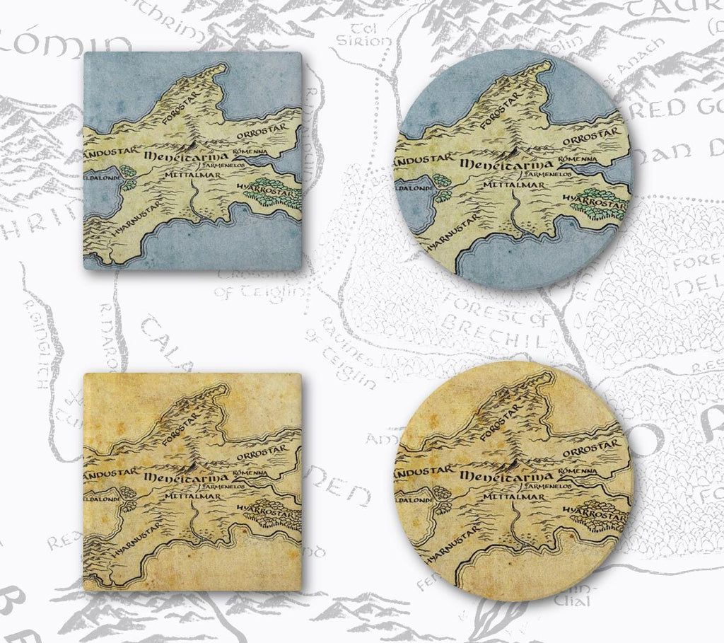 Numenor Silmarillion Map Coaster Set, Fantasy Tolkien Drink Ceramic Coasters, Nerdy Bookworm Gift, Mythical Adventure Home Decor